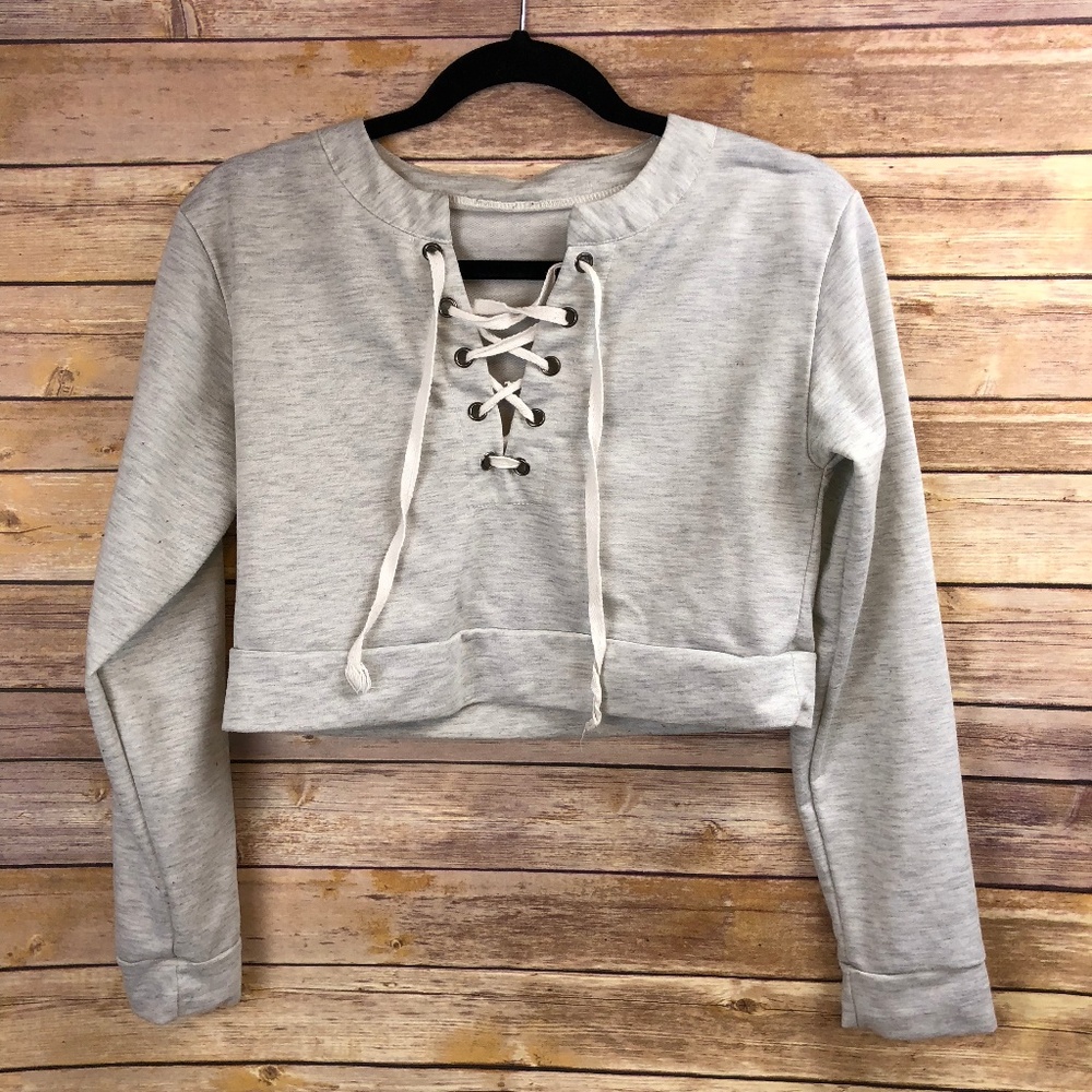 Choies Grey Long Sleeve Lace Up Crop Top